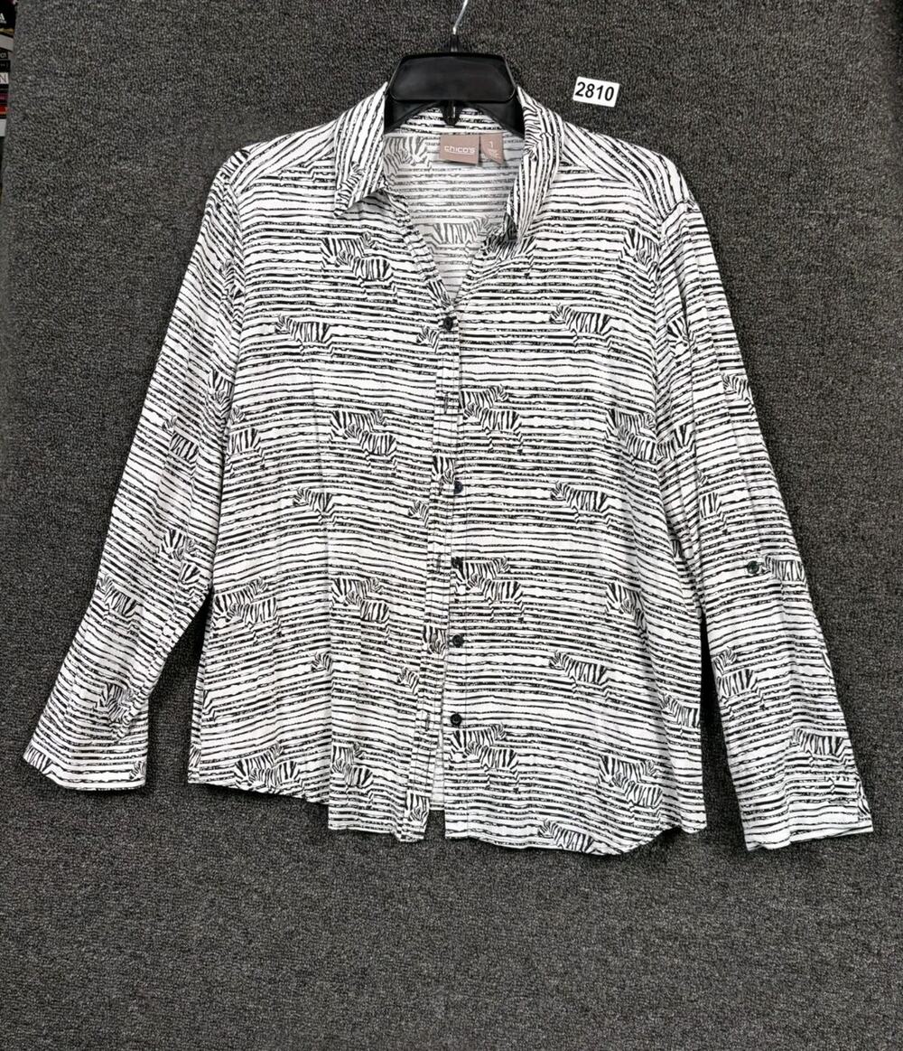 Chico's Zebra Stripe Button Front Shirt Womens Sz 1 US 8 Black White Long Sleeve